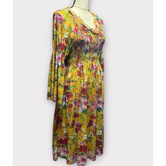 Robert Louis Womens XL Floral Maxi Dress Flowy Smocked Bell Sleeve Feminine - Picture 2 of 9
